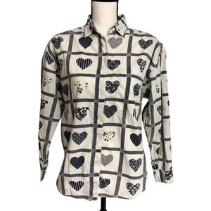 Oversized Early 90s Vintage White and‎ Navy Blue Hearts Button Down - Modern L